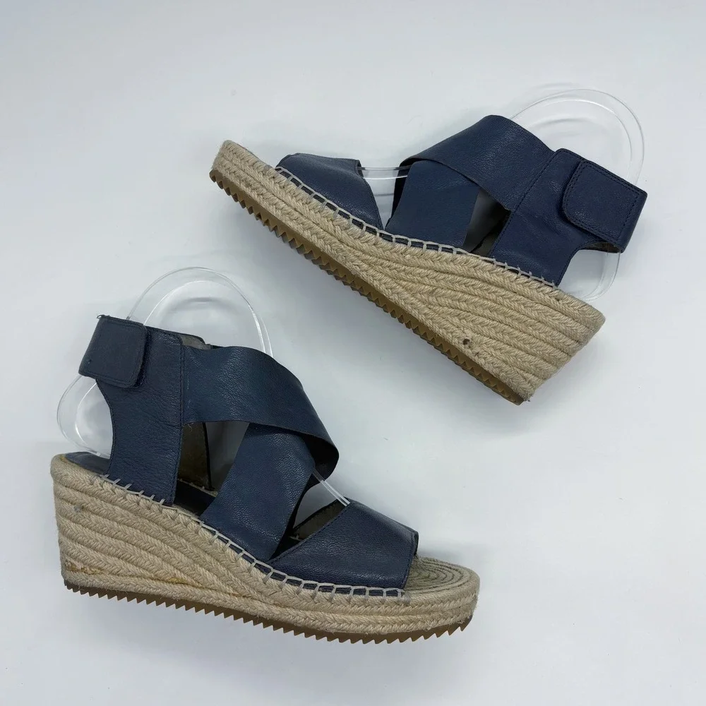 Eileen Fisher Willow Espadrille Wedge‎ Sandals Size 7.5 Blue Leather Strappy